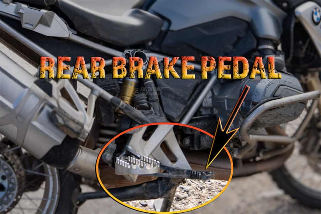 Rear brake pedal in front of the right foot peg on a motorcycle