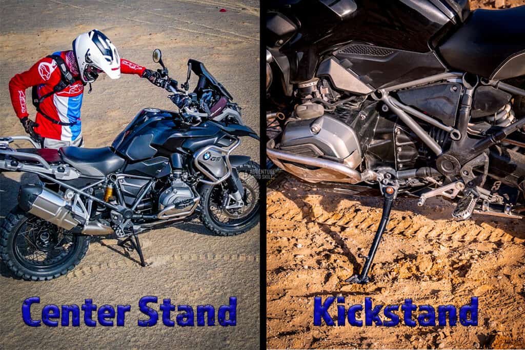 BMW R1200GS on its center stand and on its kickstand