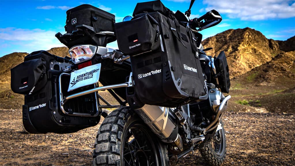 Lone Rider semi-rigid luggage on an adventure motorcycle