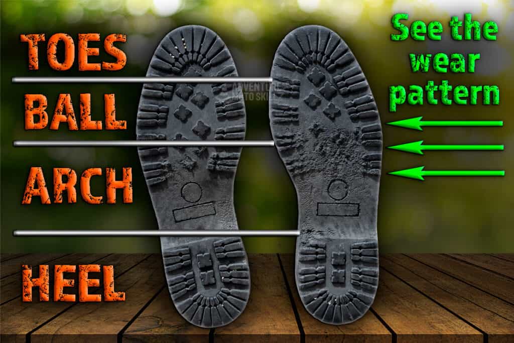 Sole of a Sidi adventure motorcycle boot showing wear from the ball to mid-arch