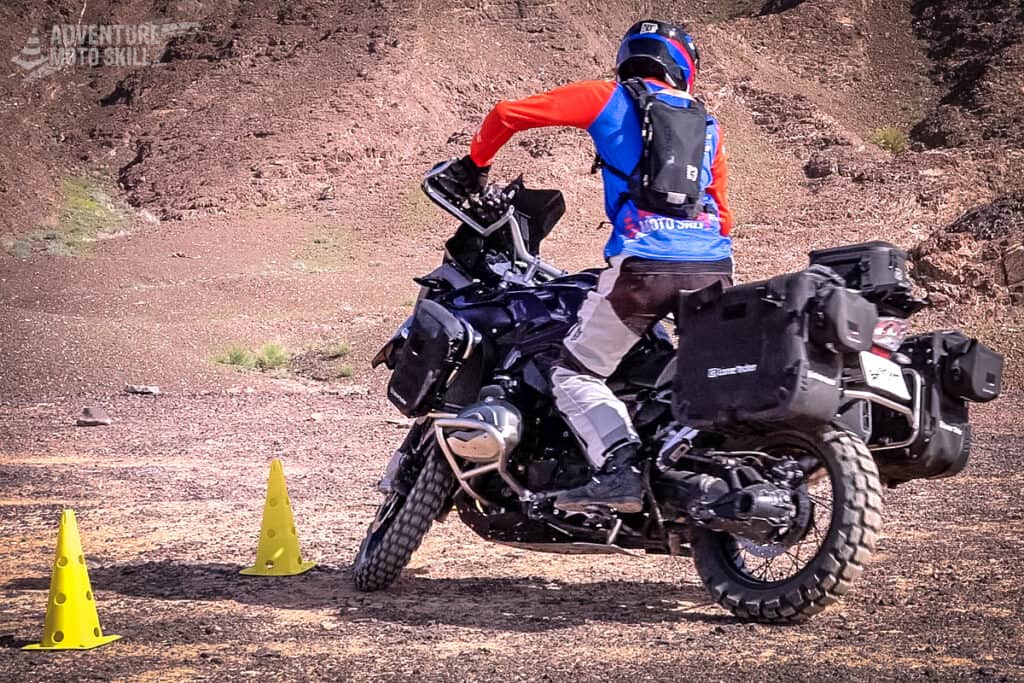BMW R1200GS motorcycle performing a cone weave