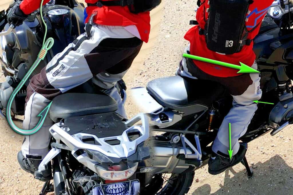 Cornering body position on an adventure motorcycle with hips and knees working together