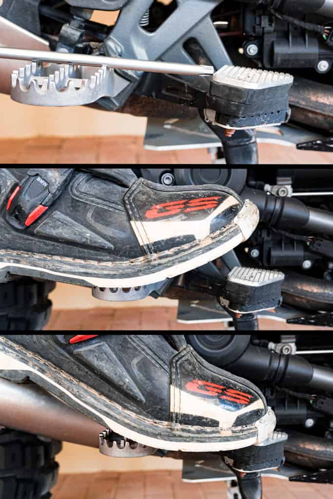 Off-road boot positioned on a raised motorcycle rear brake pedal