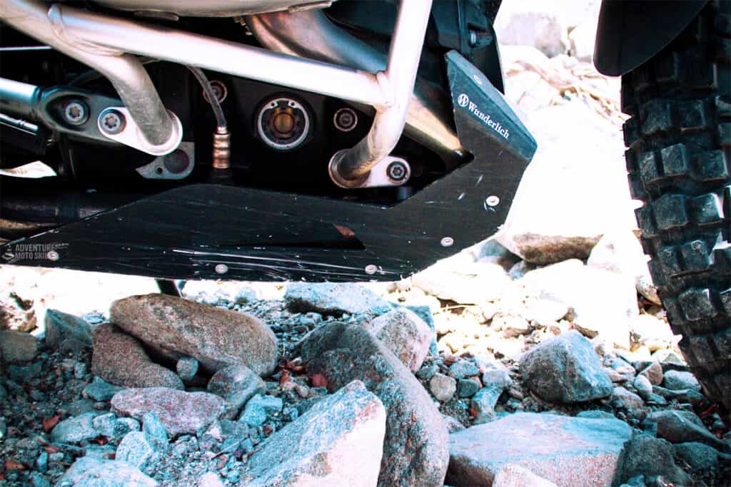 Skid plate on an adventure motorcycle