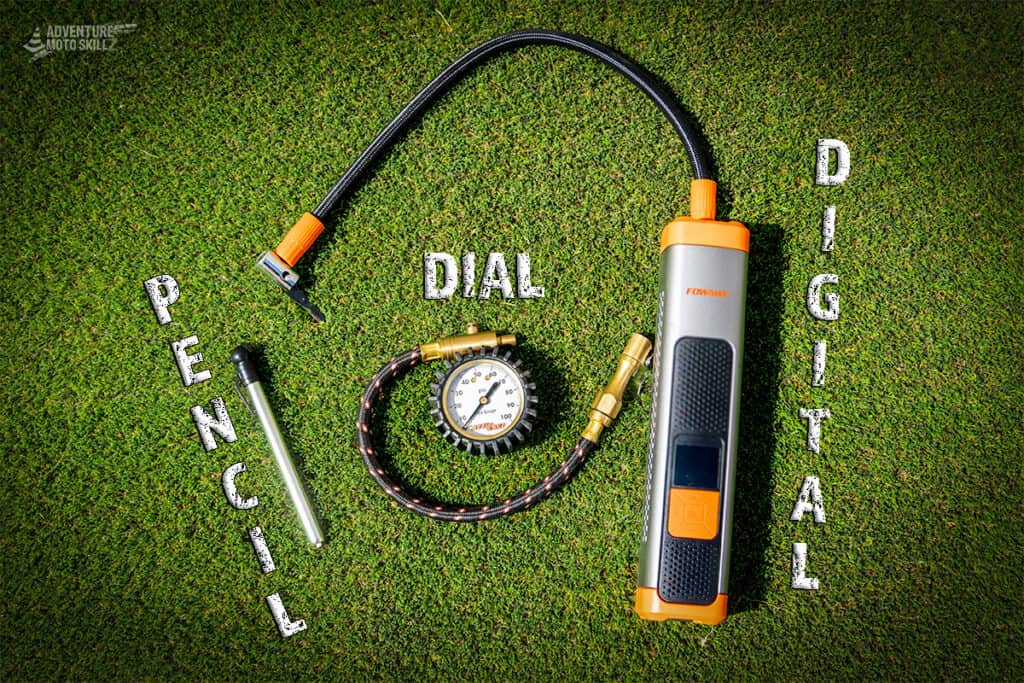 Three different styles of tire pressure gauges