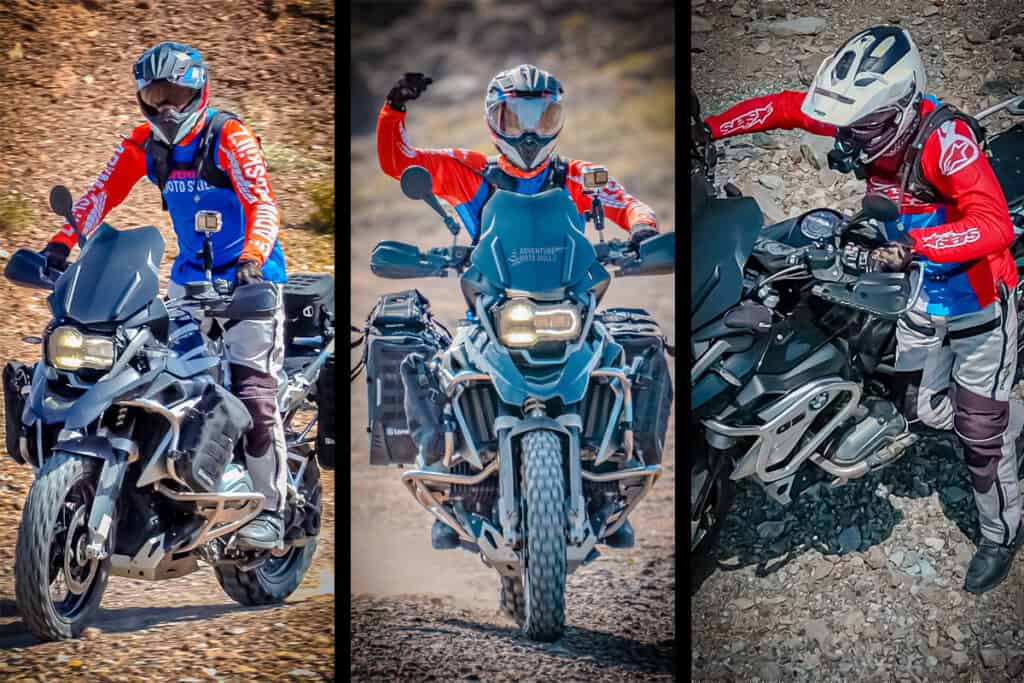 Adventure motorcycle rider shown riding standing, riding seated and walking the bike