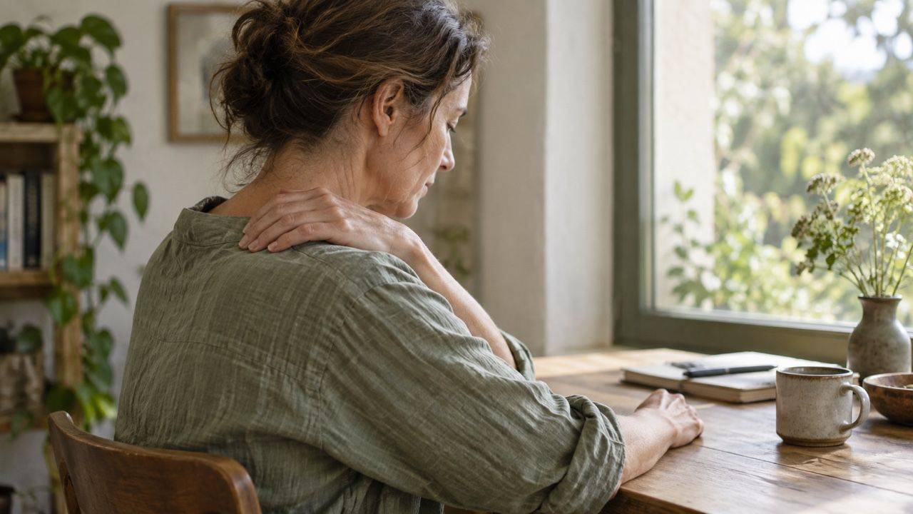 A woman seated by a window rests a hand on her shoulder.