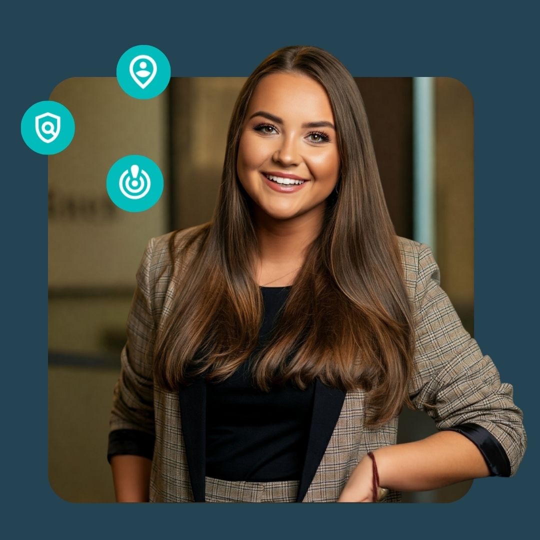Woman smiling with compliance icons outlined
