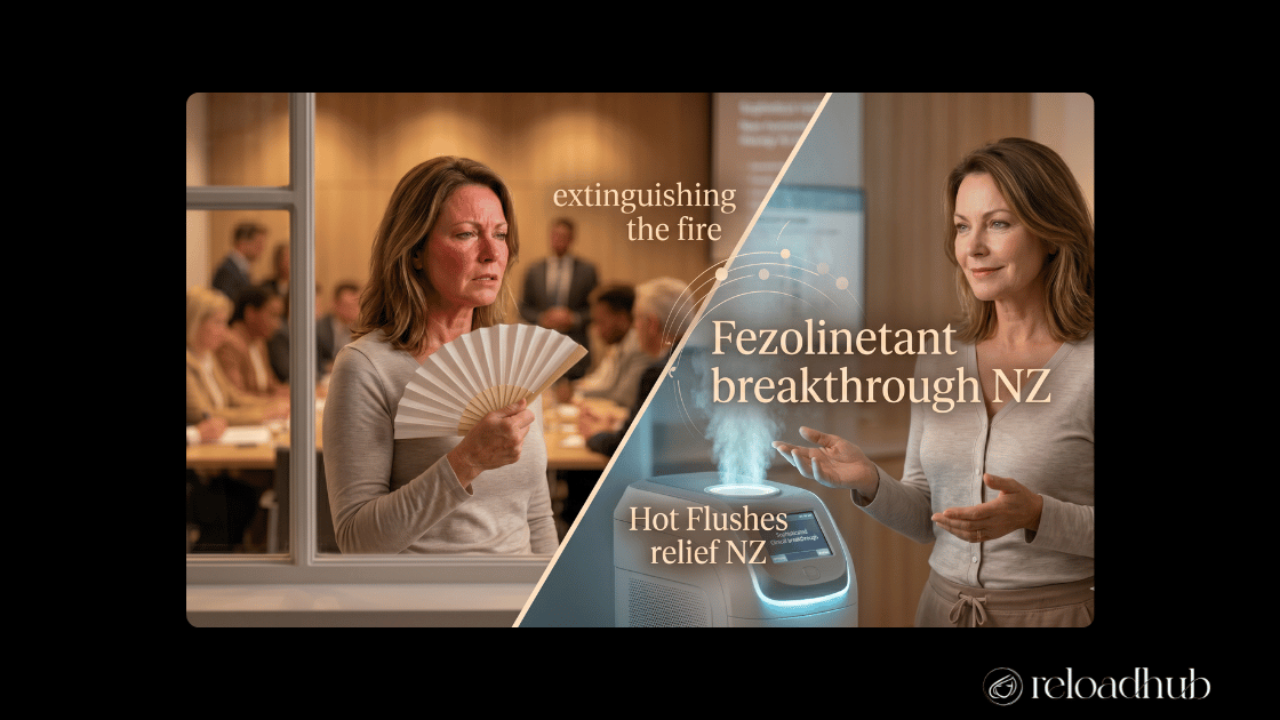Hot Flushes Relief. Illustrates the sudden 'fire' of symptoms and the relief provided by new non-hormonal solutions.