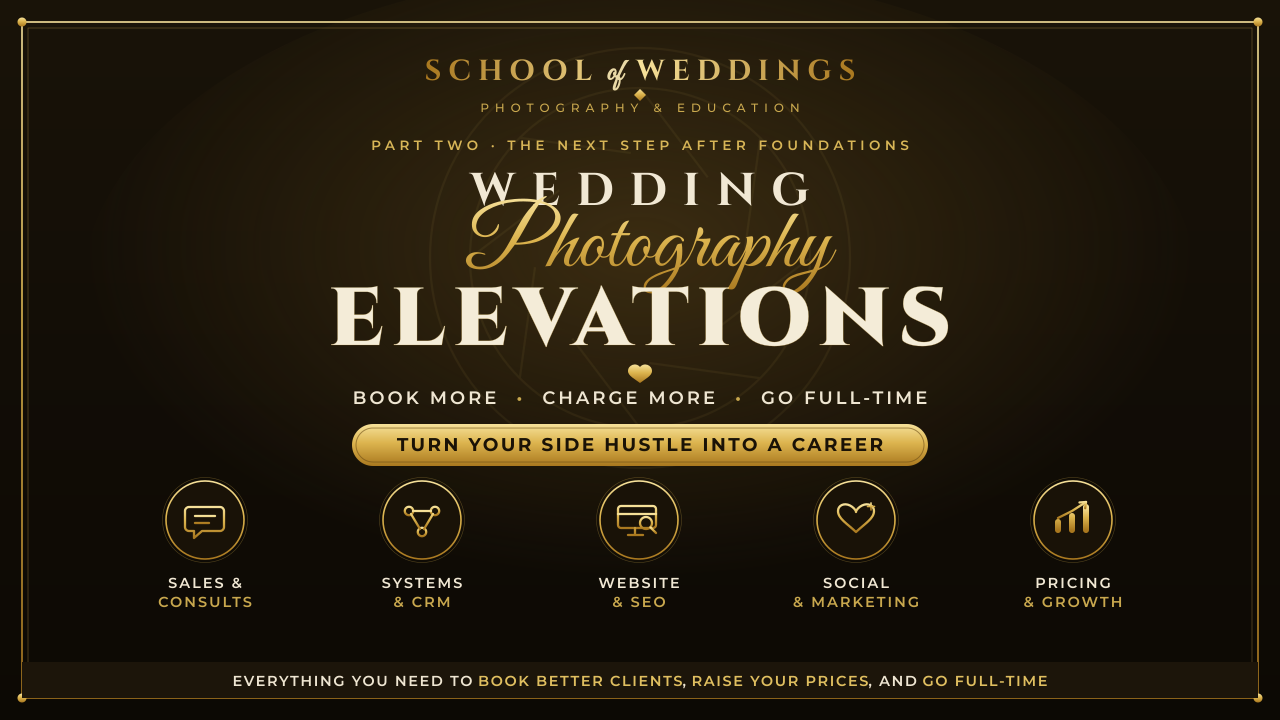 Wedding Photography Elevations — the next step after Foundations. Book more, charge more, go full-time.