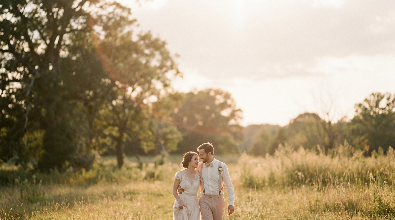 A couple at golden hour on their wedding day, photographed by Grey Loft Studio