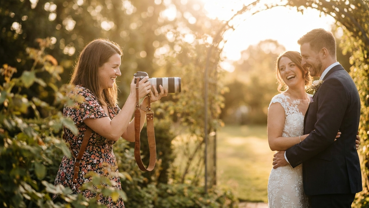 A wedding photographer smiling as she photographs a joyful couple embracing under a floral arch during golden hour