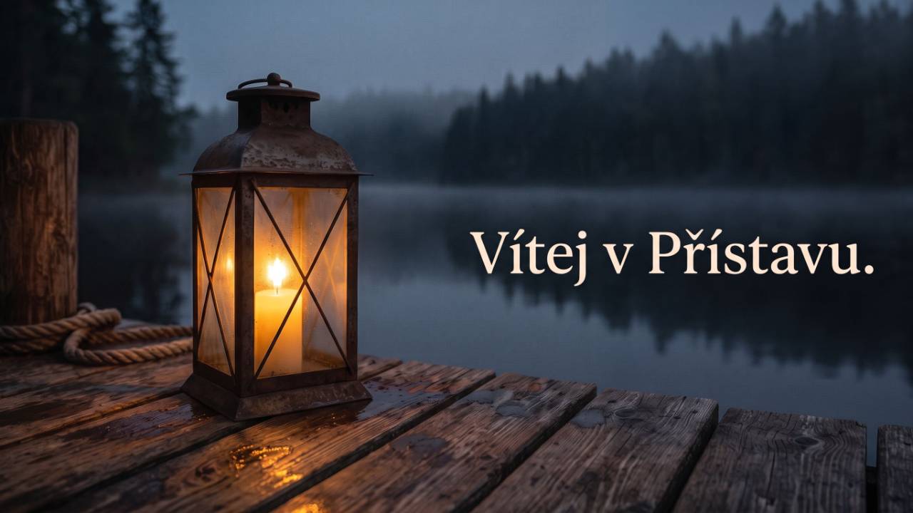 Lucerna s hořící svíčkou na dřevěném molu v mlze nad jezerem — Vítej v Přístavu.
