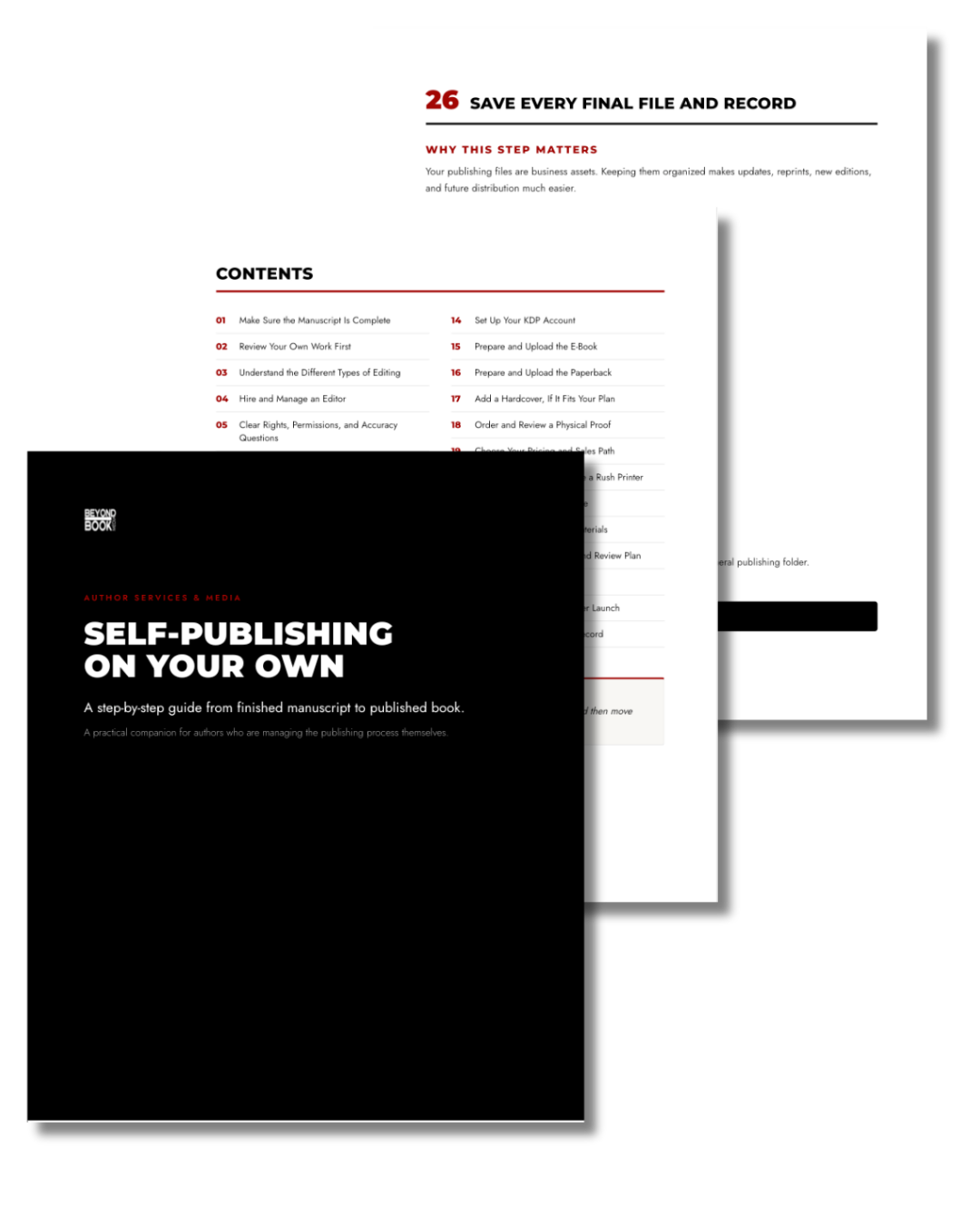 Printable PDF publishing guide preview, showing the cover and table of contents