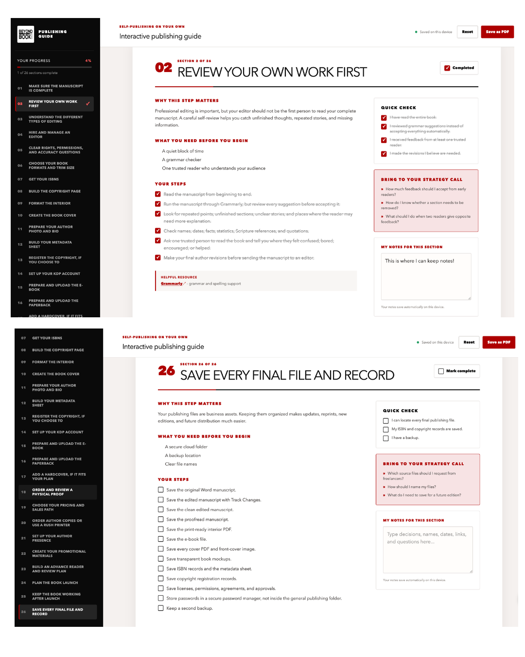Interactive online publishing guide preview, showing Section 2: Review Your Own Work First with progress tracker, checklists, and notes field