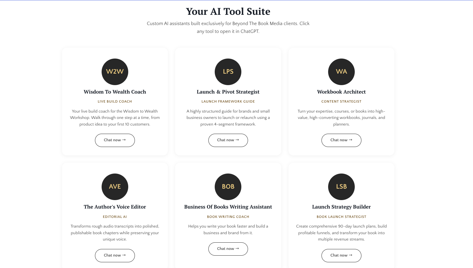 Screenshot of the Beyond The Book Media AI Tool Suite: six custom AI assistants including Wisdom To Wealth Coach, Launch & Pivot Strategist, Workbook Architect, The Author's Voice Editor, Business Of Books Writing Assistant, and Launch Strategy Builder