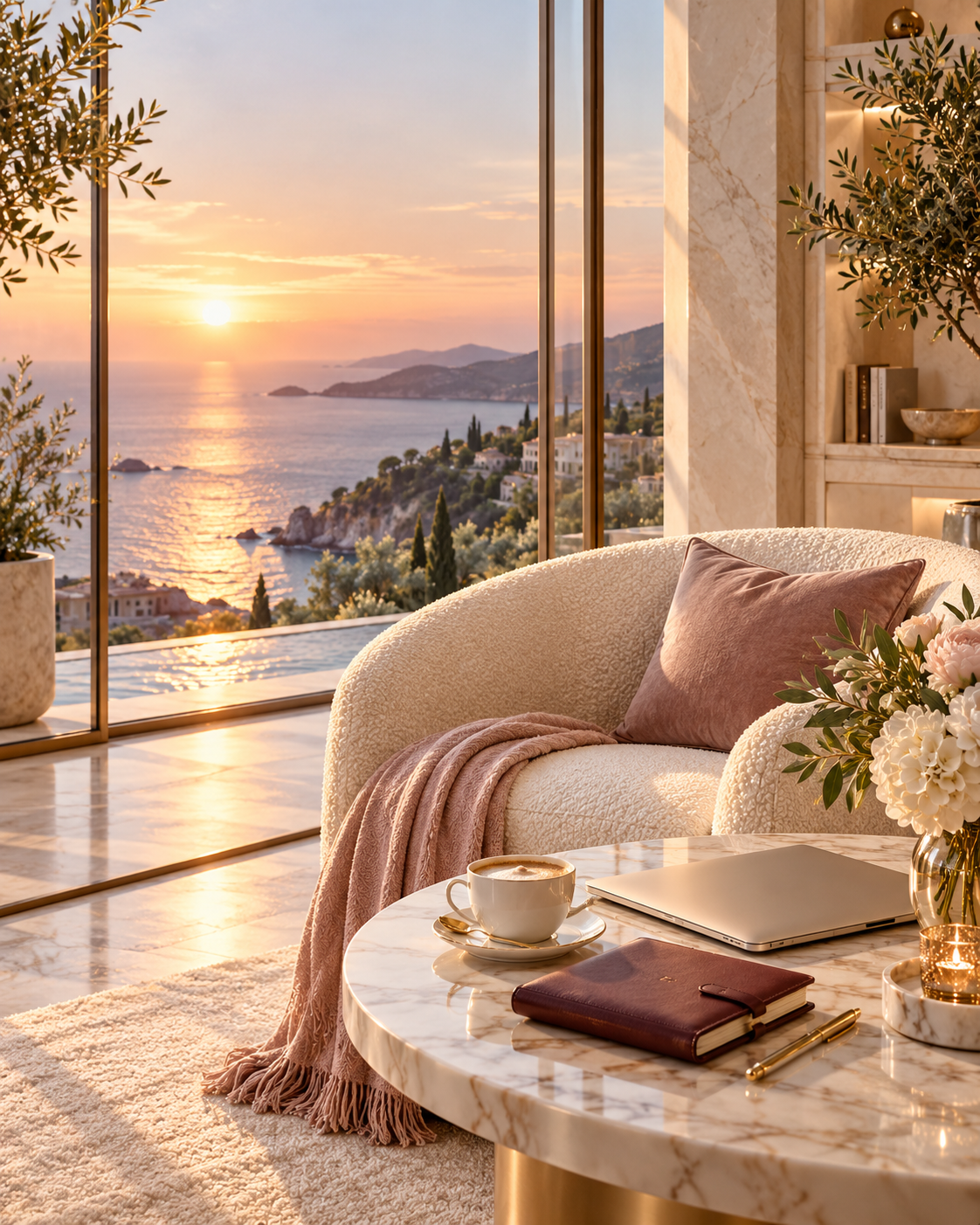 An elegant empty chair overlooking the ocean, representing the freedom to choose how you spend your time