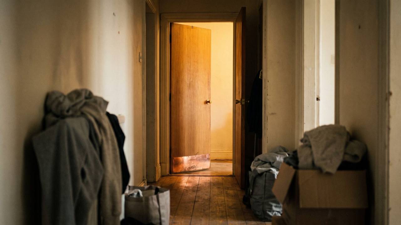 A narrow, shadowed hallway seen head-on with a single open doorway at the end spilling warm light into it.