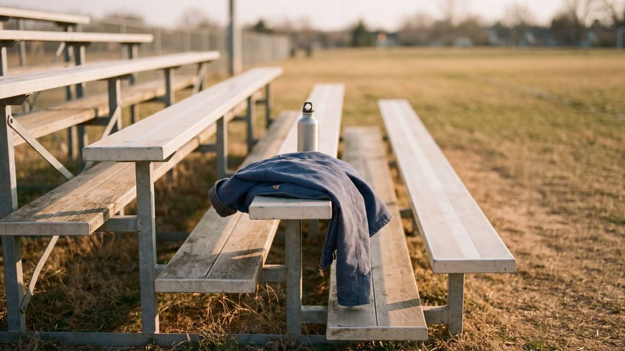 Empty aluminum bleachers at a small-town field in late-afternoon light, with a water bottle and a folded navy jacket left on a bench, the field soft and out of focus beyond.