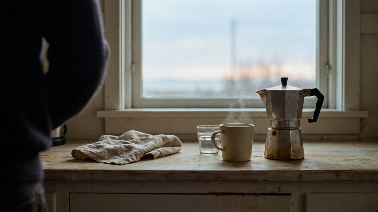 A stovetop moka pot steams beside a single mug and a glass of water on a worn wooden kitchen counter at first light.