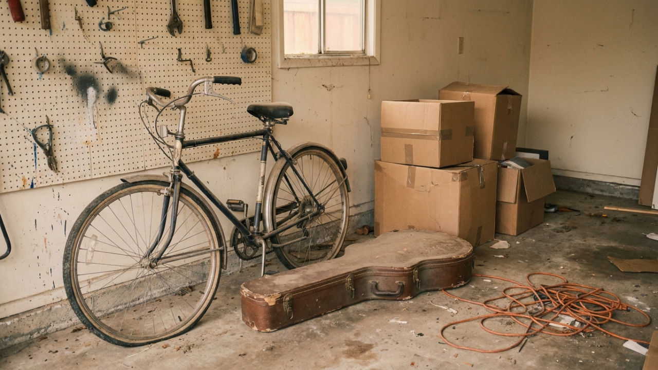 A garage corner with a bicycle with a flat front tire leaning on pegboard beside a dusty guitar case and stacked boxes.