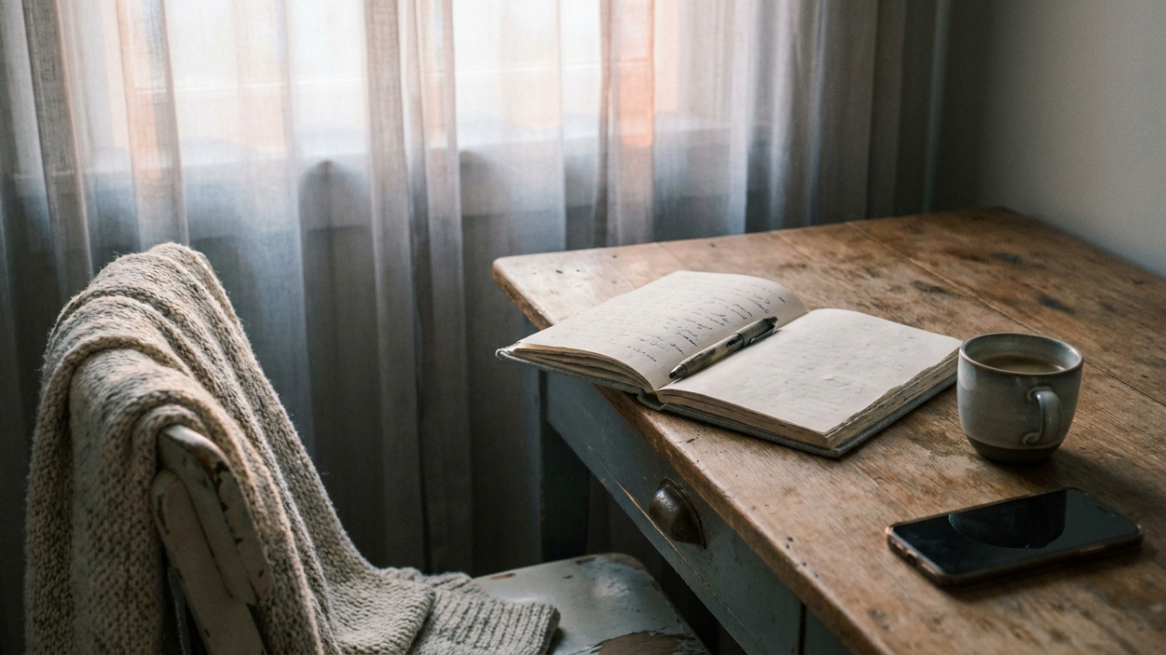 A quiet desk by a window in early morning light, with an open journal, a pen resting in the gutter, a coffee cup and a phone face-down at the edge, as if the morning routine happened and the person has already left.