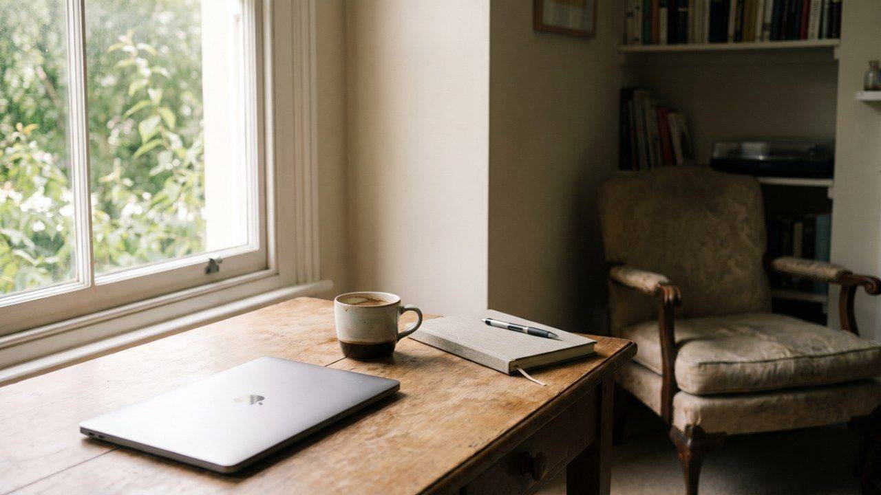 A desk at mid-afternoon with a closed laptop and a cold cup of coffee beside a window