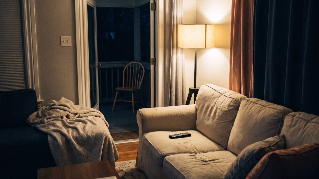A living room at night with a lamp still on, an empty couch with a blanket pushed aside and a remote on the cushion, and a porch chair waiting in the dark beyond the open door.