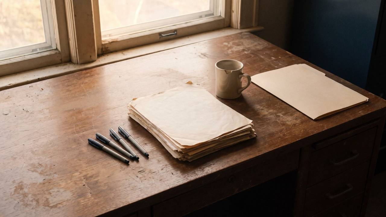 A cleared wooden desk in warm end-of-day light with aligned pens, squared papers, a mug, and one closed folder set apart, untouched.