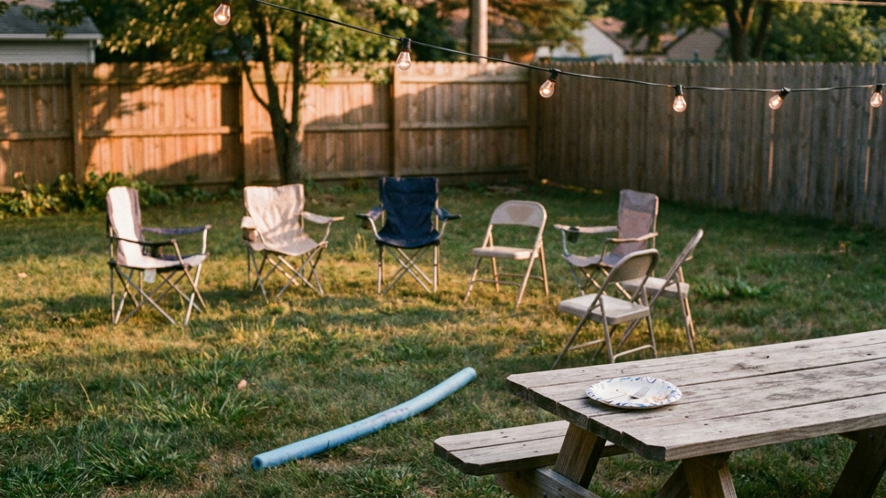 A backyard at golden hour after a gathering, with folding chairs slightly askew, a pool noodle on the grass, and string lights coming on.