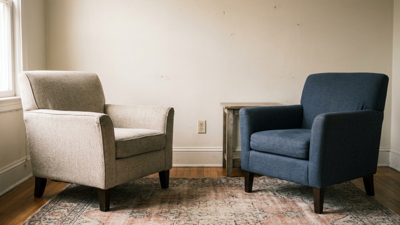 Two empty upholstered chairs in a plain room, angled toward each other with one turned slightly away.