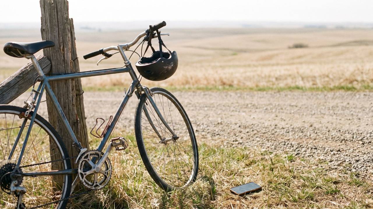 A bicycle with a helmet hanging from the handlebar leans against a weathered wooden fence post beside a gravel road, open golden fields stretching beyond.