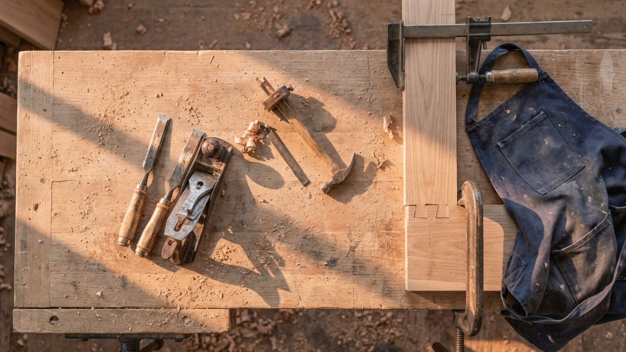 An overhead view of a wooden workbench with hand tools set down mid-task, sawdust, and one unfinished clamped piece.