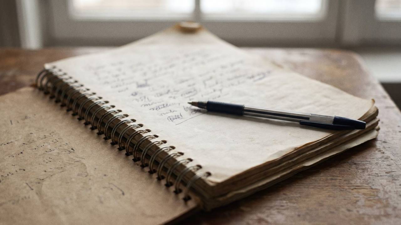 A worn spiral notebook lying open on a plain surface, pages slightly curled, a pen resting across it, an older page visible underneath.