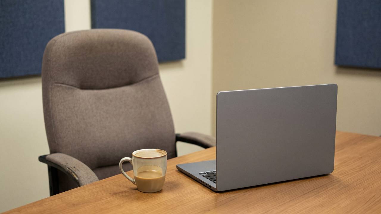 An empty conference-room chair pushed back from a table, a closed laptop and a half-finished mug of coffee on the tabletop beside it.