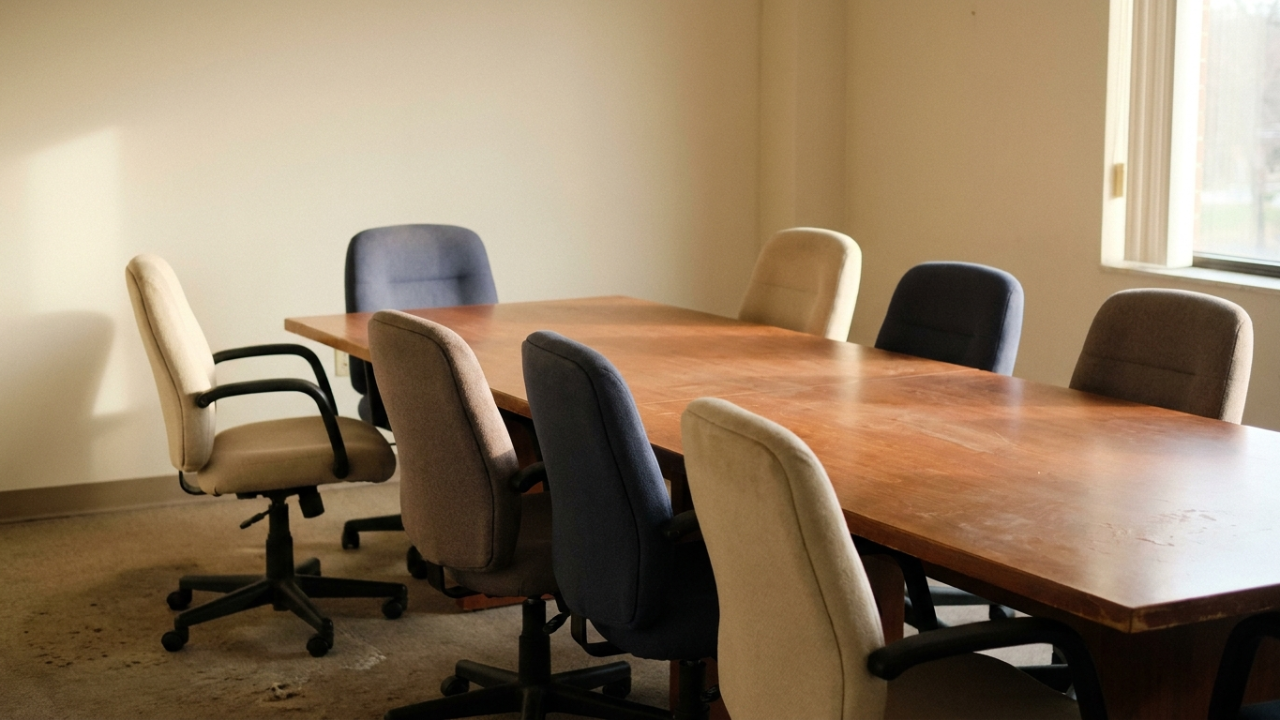 An empty conference table photographed from one end, chairs pushed back at uneven angles in flat afternoon light.