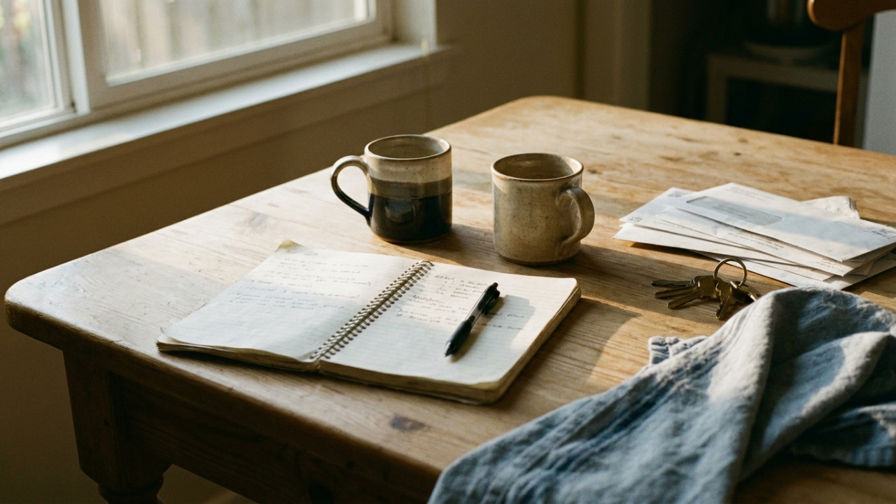 A kitchen table in late afternoon light with two coffee cups, an open notebook, mail and keys pushed to the edge.