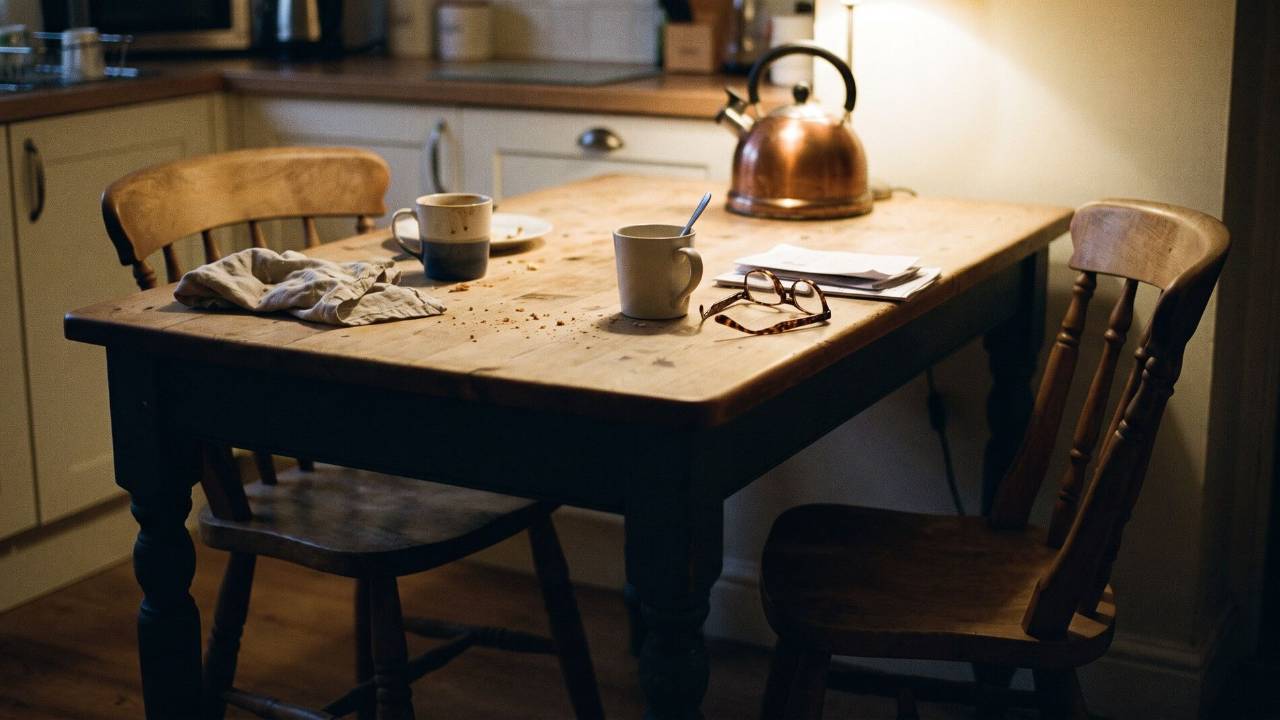 A wooden kitchen table in evening lamplight with two used mugs, a folded pair of reading glasses and a crumpled napkin, one chair pulled in close and the other pushed back, as if a conversation just ended unresolved.
