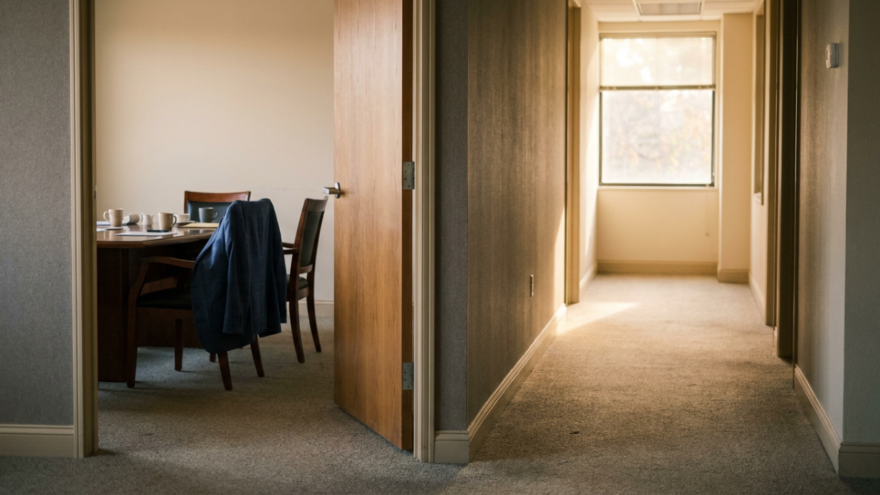 An empty office hallway in late-afternoon light, a conference room door ajar with two pushed-back chairs and a jacket draped over one.