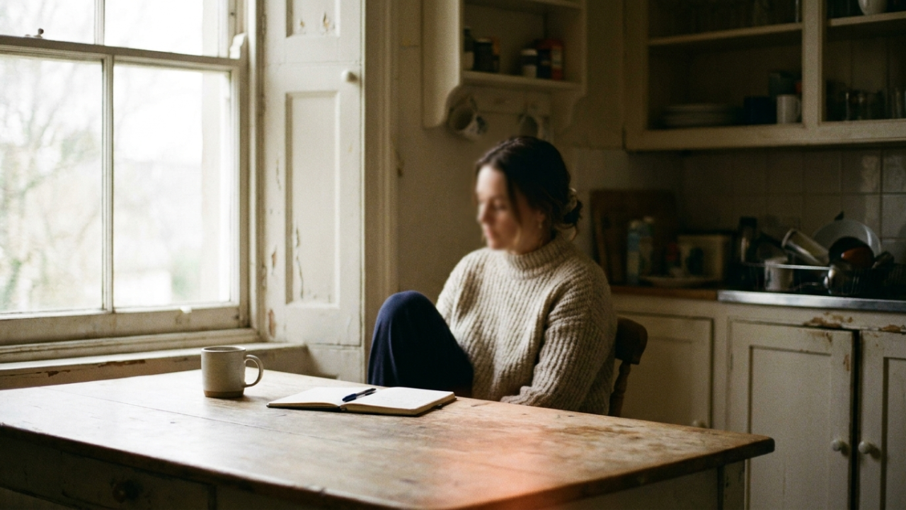 A woman sits alone at a wooden kitchen table in early morning window light, a mug and open notebook in front of her.