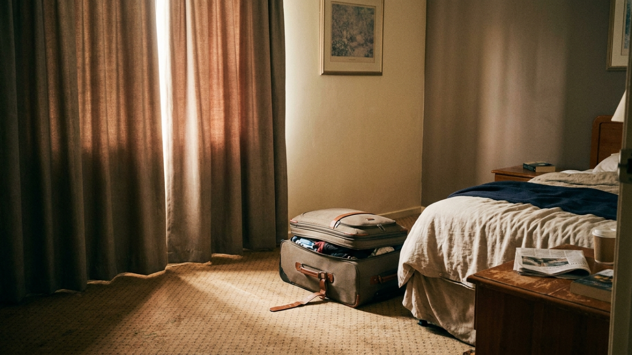A hotel room at midday with a fully packed suitcase on the floor, one strap undone, hard daylight coming through a half-drawn curtain onto plain carpet. No people in frame.