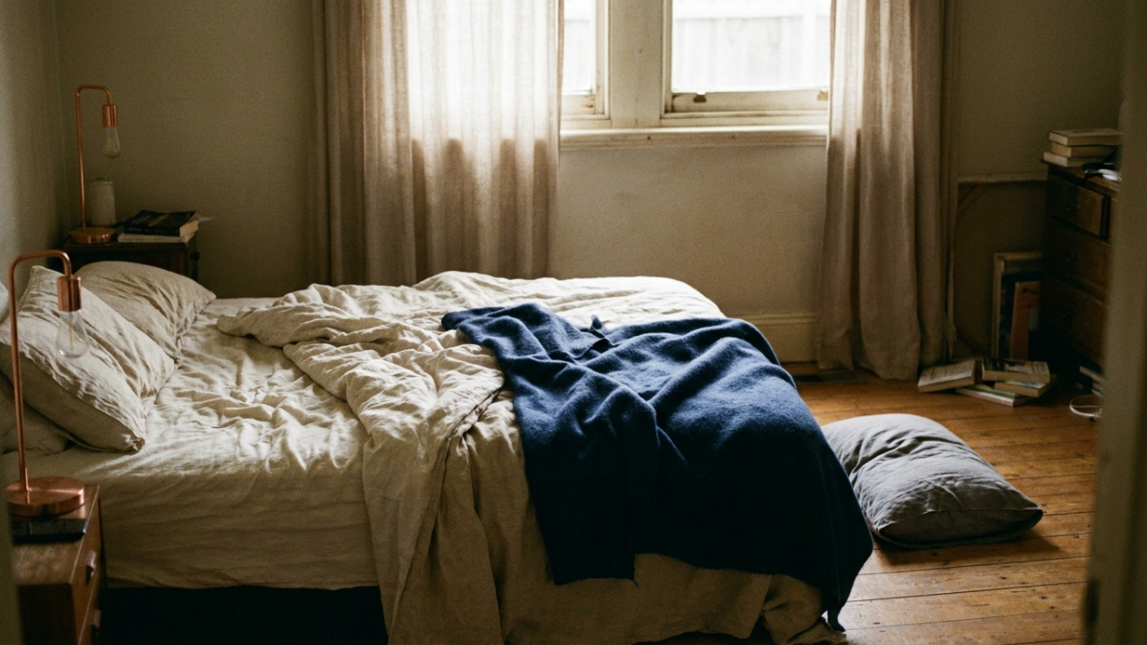 An unmade bed in late-morning light with sheets pushed back, a pillow on the floor, and curtains half open onto a plain window.