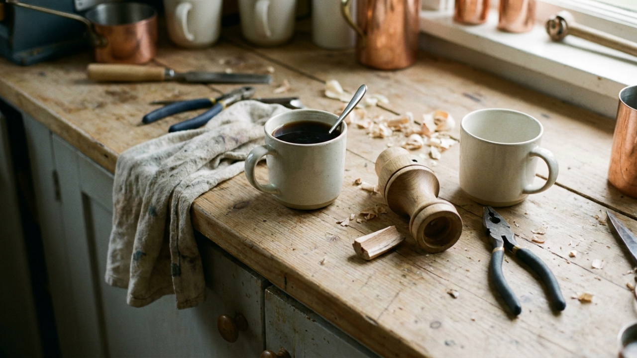 A workbench in flat afternoon light with two mugs, one nearly full and cold, and an unfinished task left mid-use, as if two people left and one stayed longer.