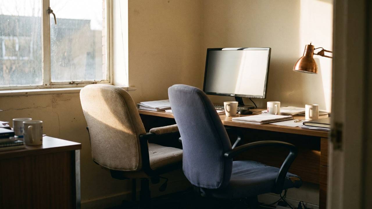 Two office chairs pulled up to one desk in warm late-afternoon light, a dark monitor and a copper desk lamp beside them.