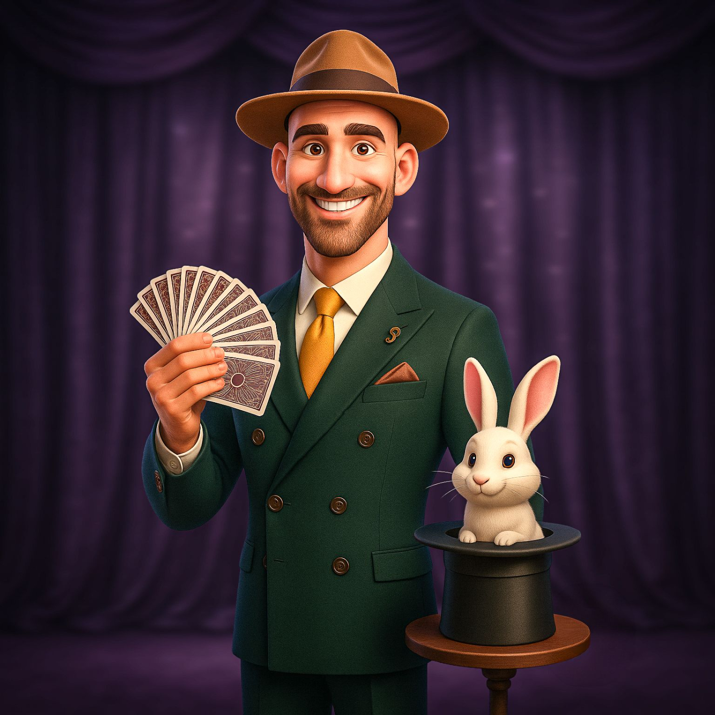 pixar cartoon image of magician dmc holding playing cards with white rabbit