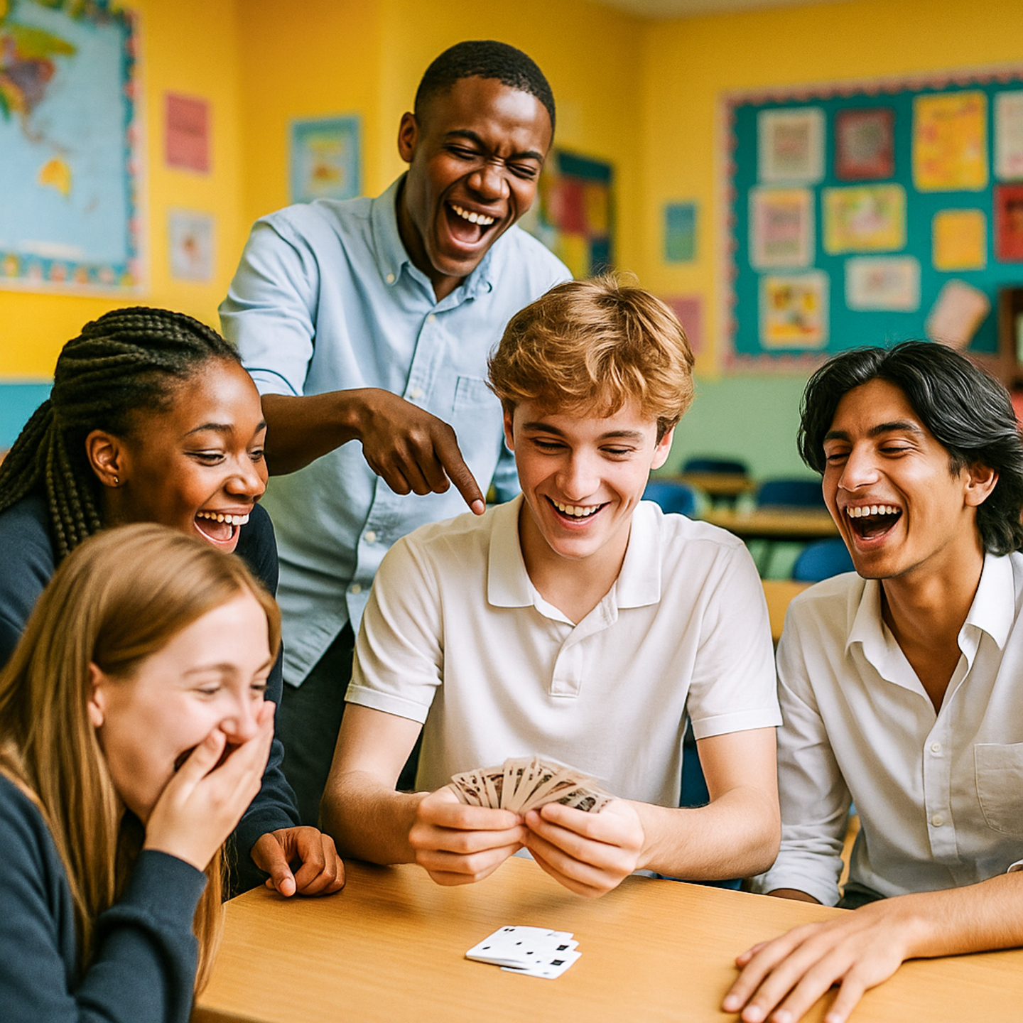 school kids doing a magic card trick and laughing