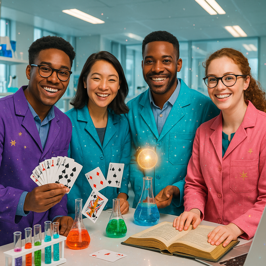 group of magical scientists in a laboratory holding playing cards