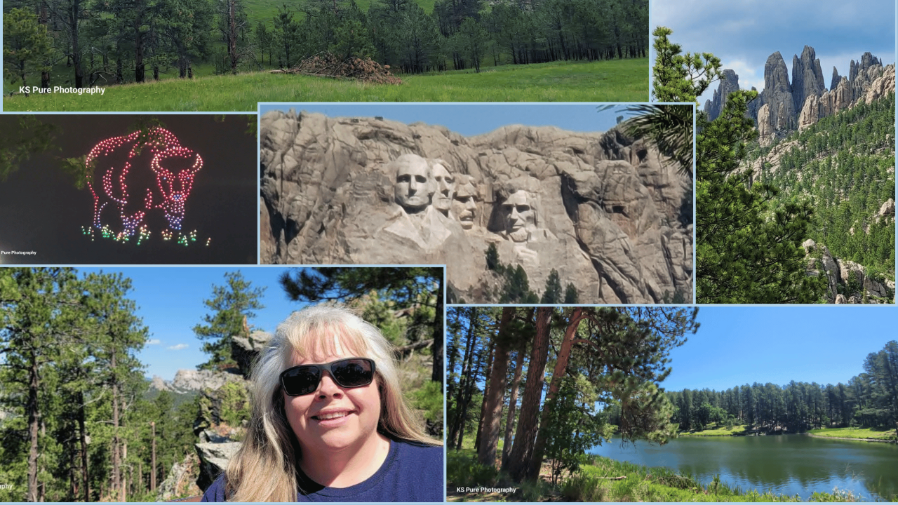 Collage of Karen Smith and her trip to Mount Rushmore