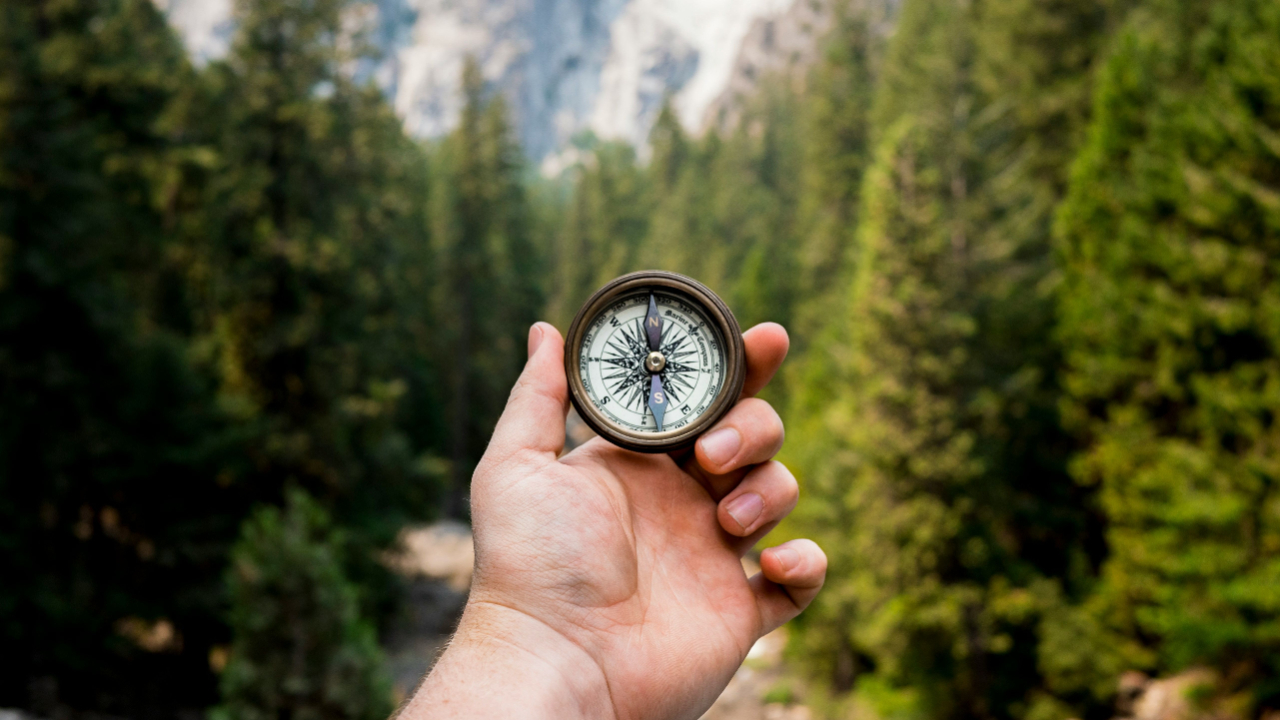 Man holding compass in front of mountains and trees