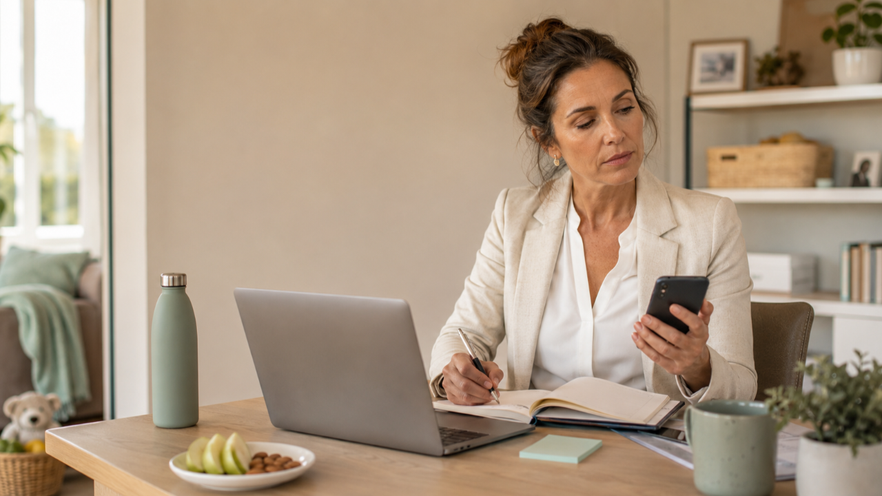 A busy professional woman works on her laptop while checking her phone, overlooking the water and healthy snack beside her.